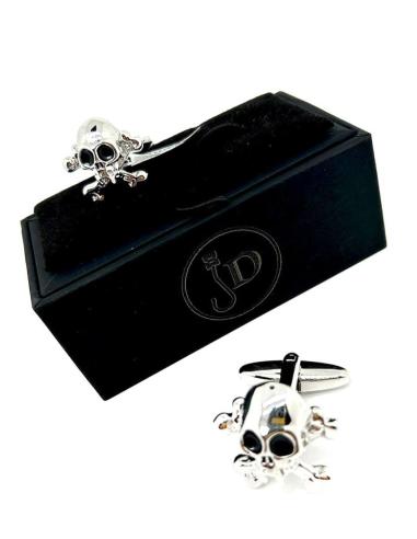 GEMELOS DE CAMISA DE HOMBRE CALAVERA PIRATA PLATEADA