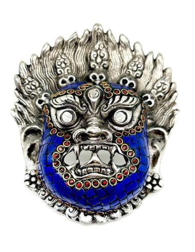 DECORACION PARED MASCARA TIBETANA MAHAKALA PLATEADA Y AZUL