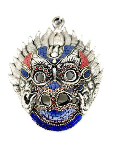 DECORACION PARED MASCARA TIBETANA PAJARO AZUL Y PLATEADO