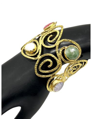 MUJER BRAZALETES DORADOS ANCHOS ESTILO GRIEGO CON PEDRERIA