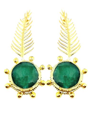 PENDIENTES DORADOS LARGOS CON DELICADA HOJA Y PIEDRA COLOR