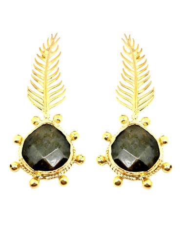 PENDIENTES DORADOS LARGOS CON DELICADA HOJA Y PIEDRA COLOR