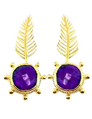PENDIENTES DORADOS LARGOS CON DELICADA HOJA Y PIEDRA COLOR