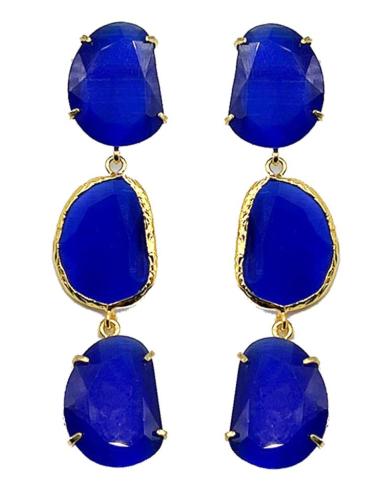 PENDIENTES LARGOS AZULONES TRIPLE PIEDRA PARA BODAS Y FIESTAS