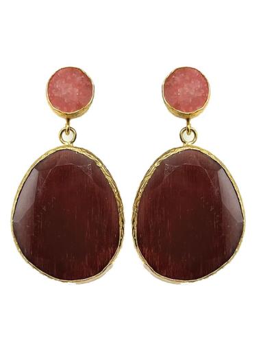 PENDIENTES LARGOS MORADOS LARGOS CON PIEDRA DRUSA Y OJO DE GATO