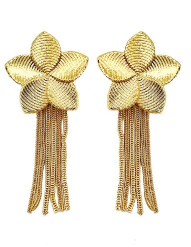 PENDIENTES LARGOS EXQUISITO DISEÑO DE FLOR DORADA CON CADENITAS
