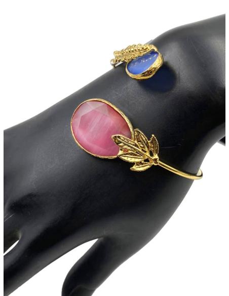 PULSERAS DE PIEDRAS ROSA Y AZUL PARA BODAS DISEÑO GRIEGO CON HOJITAS