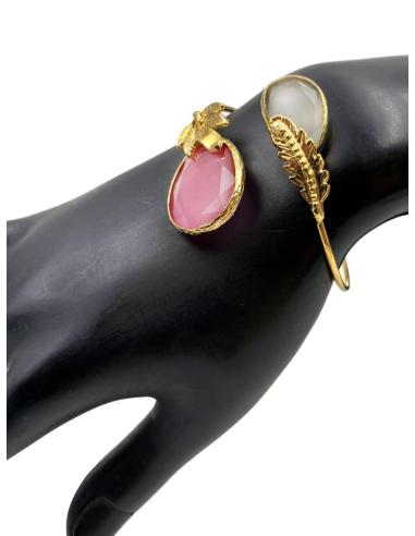 PULSERAS BODA DE PIEDRAS ROSA Y BLANCA DISEÑO GRIEGO CON HOJITAS