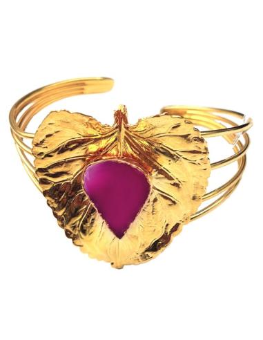 BRAZALETES CON HOJAS EN DORADO PARA BODAS Y PIEDRA BUGAMBILIA