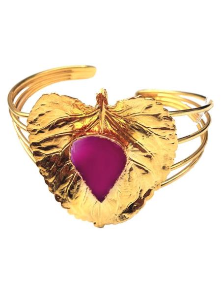 BRAZALETES CON HOJAS EN DORADO PARA BODAS Y PIEDRA BUGAMBILIA