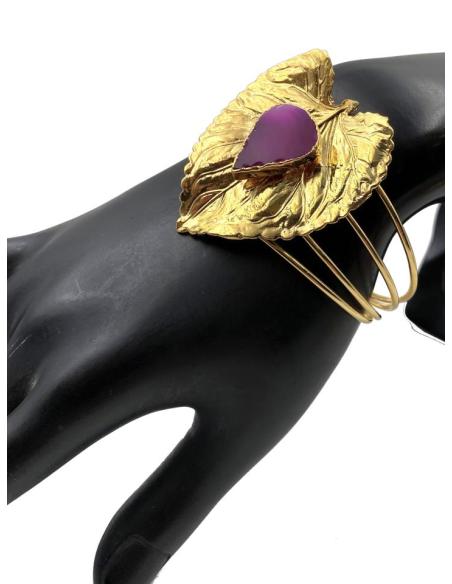 BRAZALETES CON HOJAS EN DORADO PARA BODAS Y PIEDRA BUGAMBILIA