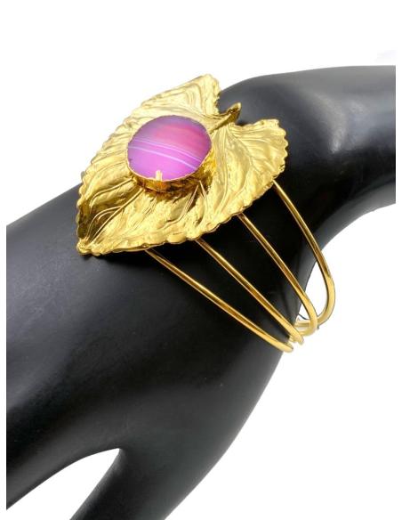 BRAZALETES DE HOJA DORADA PARA BODAS Y PIEDRA BUGAMBILIA