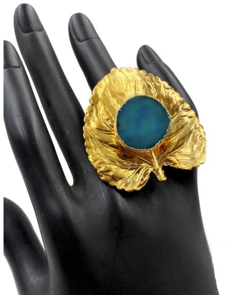 ANILLOS GRANDES PARA BODAS CON HOJAS VISTOSAS Y PIEDRA AZUL
