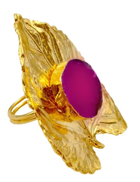 ANILLOS GRANDES DE BODA CON HOJAS VISTOSAS Y PIEDRA BUGAMBILIA