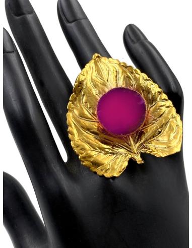 ANILLOS GRANDES DE BODA CON HOJAS VISTOSAS Y PIEDRA BUGAMBILIA