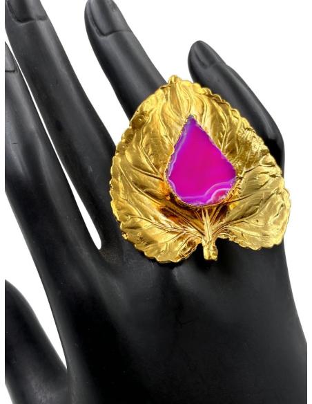ANILLOS GRANDES DE BODA CON HOJAS VISTOSAS Y PIEDRA BUGAMBILIA