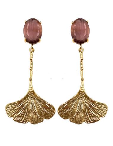 PENDIENTES LARGOS DE MUJER EN MORADO UVA PRECIOSO DISEÑO DE PETALO DORADO