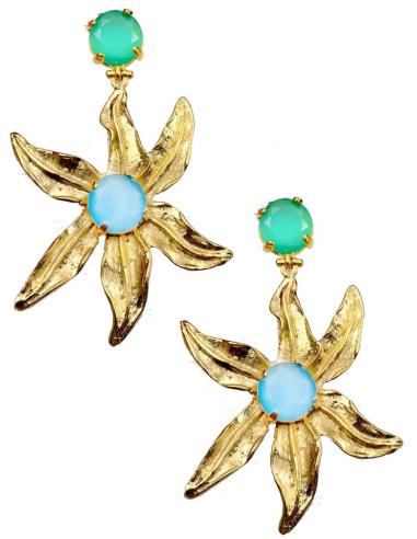 PENDIENTES LARGOS DORADOS CON BAÑO DE ORO FLOR VERDE Y AZUL