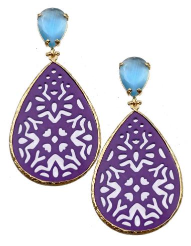 PENDIENTES LARGOS DE MUJER MORADOS Y AZULES CON PRECIOSA LAGRIMA TALLADA