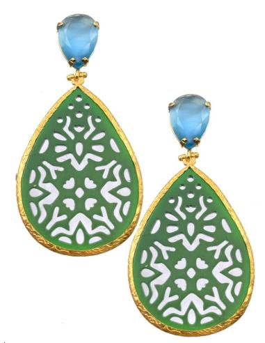 PENDIENTES LARGOS DE MUJER VERDES Y AZULES CON PRECIOSA LAGRIMA TALLADA
