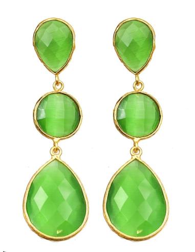 PENDIENTES LARGOS VERDES DE PIEDRAS OJO DE GATO PARA BODAS