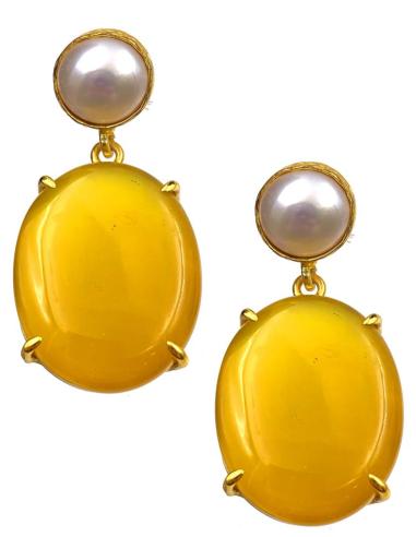 PENDIENTES MUJER DE PERLAS CON PIEDRAS EN AMARILLO MOSTAZA