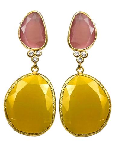 PENDIENTES LARGOS DE PIEDRAS MOSTAZAS Y ROSAS PARA BODAS
