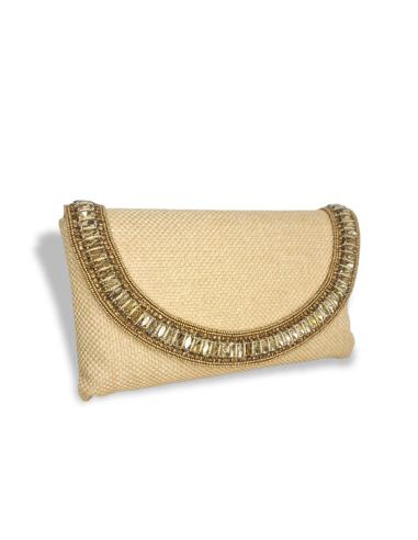 BOLSO DE RAFIA COLOR BEIGE CON DETALLES DORADOS PARA BODAS