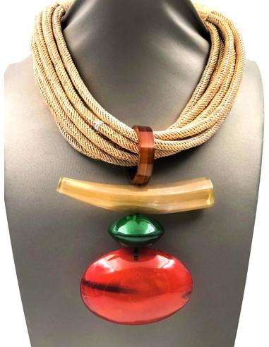 COLLARES CORTOS DE ESTILO TRIBAL EN CUERNO DE BUFALO ROJO Y VERDE
