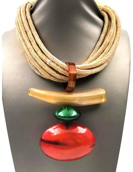COLLARES CORTOS DE ESTILO TRIBAL EN CUERNO DE BUFALO ROJO Y VERDE