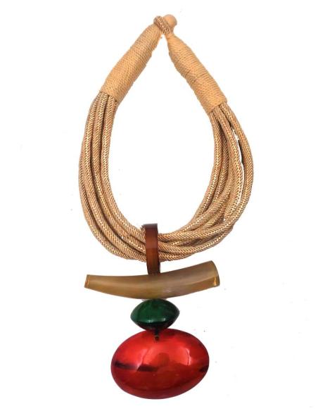 COLLARES CORTOS DE ESTILO TRIBAL EN CUERNO DE BUFALO ROJO Y VERDE