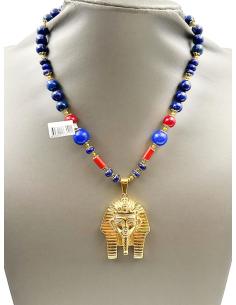 COLLARES AZUL LAPISLAZULI CON CORAL ROJO Y ESFINGE EGIPCIA DORADA