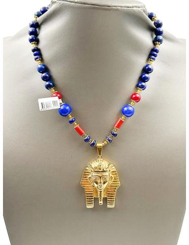 COLLARES AZUL LAPISLAZULI CON CORAL ROJO Y ESFINGE EGIPCIA DORADA