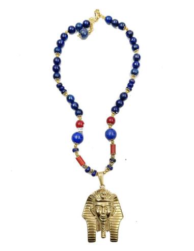 COLLARES AZUL LAPISLAZULI CON CORAL ROJO Y ESFINGE EGIPCIA DORADA