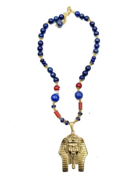 COLLARES AZUL LAPISLAZULI CON CORAL ROJO Y ESFINGE EGIPCIA DORADA