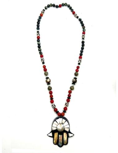 COLLARES LARGOS CON MANO DE FATIMA EN TONOS BLANCO, NEGRO Y ROJO