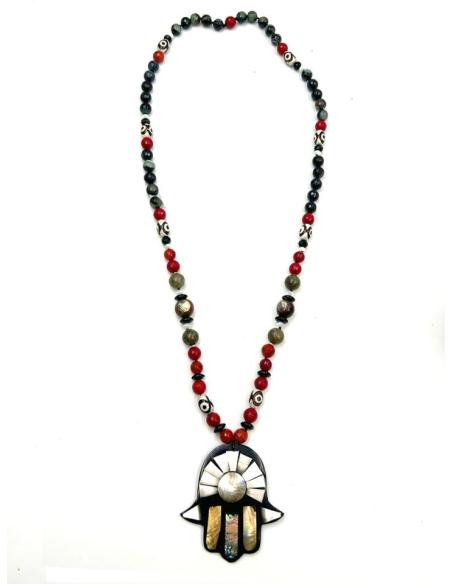 COLLARES LARGOS CON MANO DE FATIMA EN TONOS BLANCO, NEGRO Y ROJO