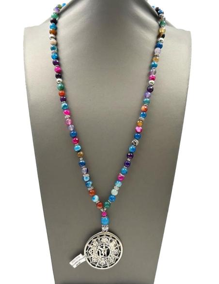 COLLARES LARGOS DE PIEDRA MULTICOLOR CON MANDALA PLATEADO