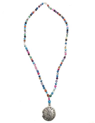 COLLARES LARGOS DE PIEDRA MULTICOLOR CON MANDALA PLATEADO