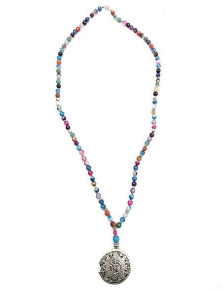 COLLARES LARGOS DE PIEDRA MULTICOLOR CON MANDALA PLATEADO