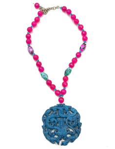 COLLARES FUCSIAS CORTOS CON ORIGINAL COLGANTE JADE AZUL PETROLEO 2