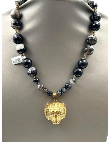 COLLARES DE PIEDRAS NEGRAS CON FABULOSO COLGANTE DE TIGRE