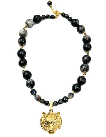 COLLARES DE PIEDRAS NEGRAS CON FABULOSO COLGANTE DE TIGRE