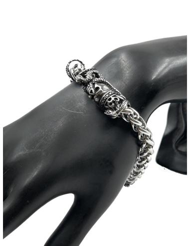 PULSERAS HOMBRE DE CADENA DE ACERO CON CALAVERA Y SERPIENTE