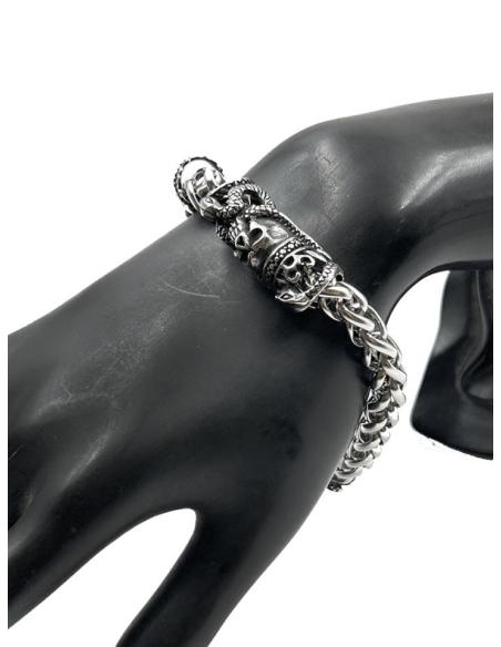 PULSERAS HOMBRE DE CADENA DE ACERO CON CALAVERA Y SERPIENTE