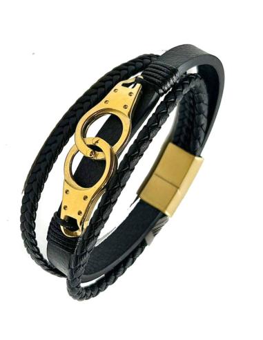 PULSERAS HOMBRE DE CUERO NEGRO CON ESPOSAS DORADAS