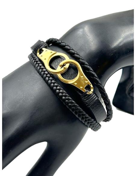 PULSERAS HOMBRE DE CUERO NEGRO CON ESPOSAS DORADAS