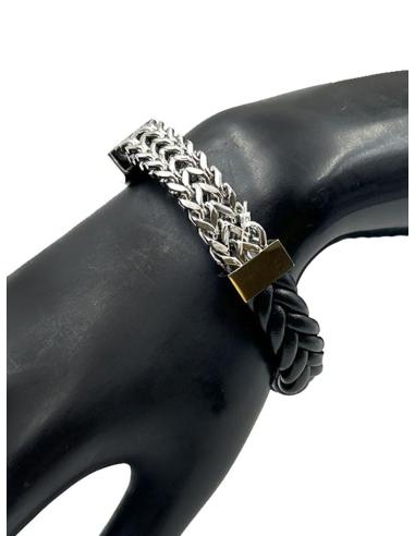 PULSERAS HOMBRE DE CUERO TRENZADO CON CADENETA ACERO