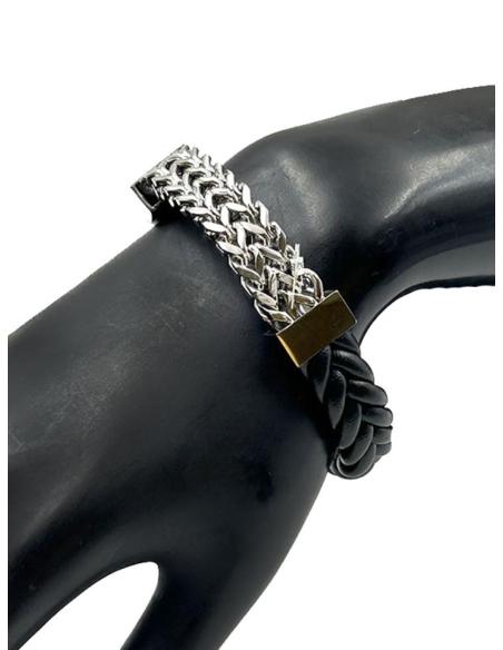 PULSERAS HOMBRE DE CUERO TRENZADO CON CADENETA ACERO