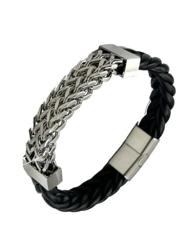 PULSERAS HOMBRE DE CUERO TRENZADO CON CADENETA ACERO